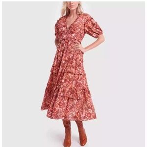 Ulla Johnson Amora Coral Floral Print Midi Dress Size 4 Ruffle Puff Sleeve